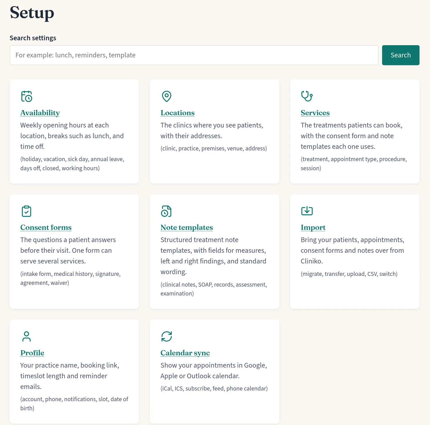 The Setup page: a search box above eight cards for Availability, Locations, Services, Consent forms, Note templates, Import, Profile and Calendar sync, each with a short description and the other words it can be found by.