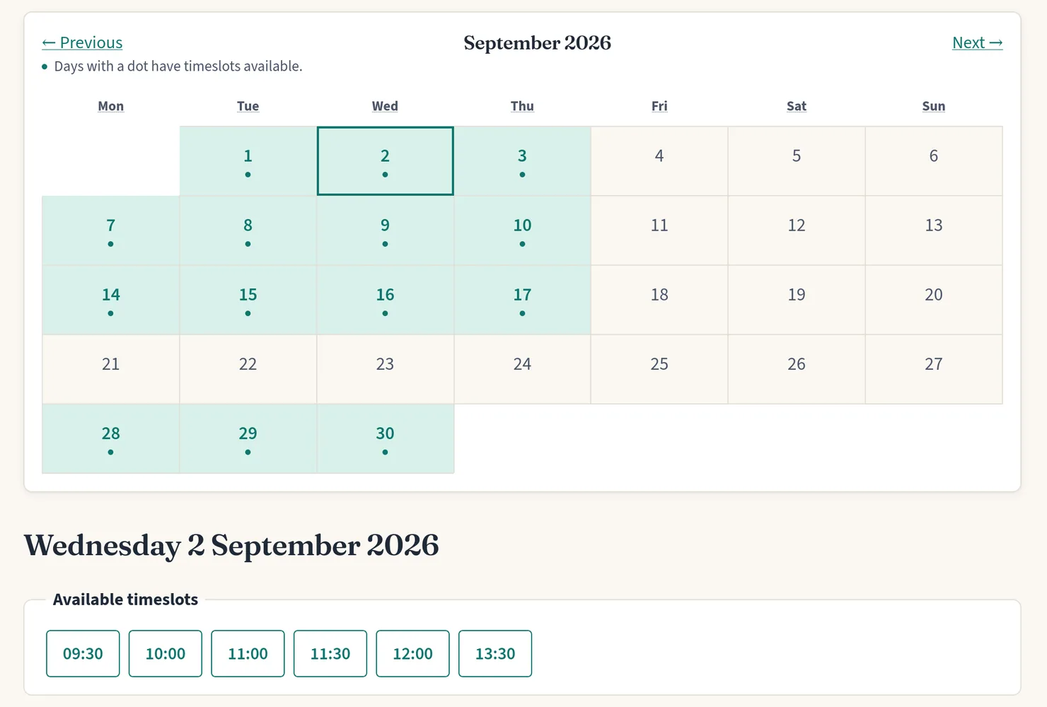 A practitioner's booking page: a month calendar with a dot on each day that has free time, and the free timeslots listed for the day chosen.