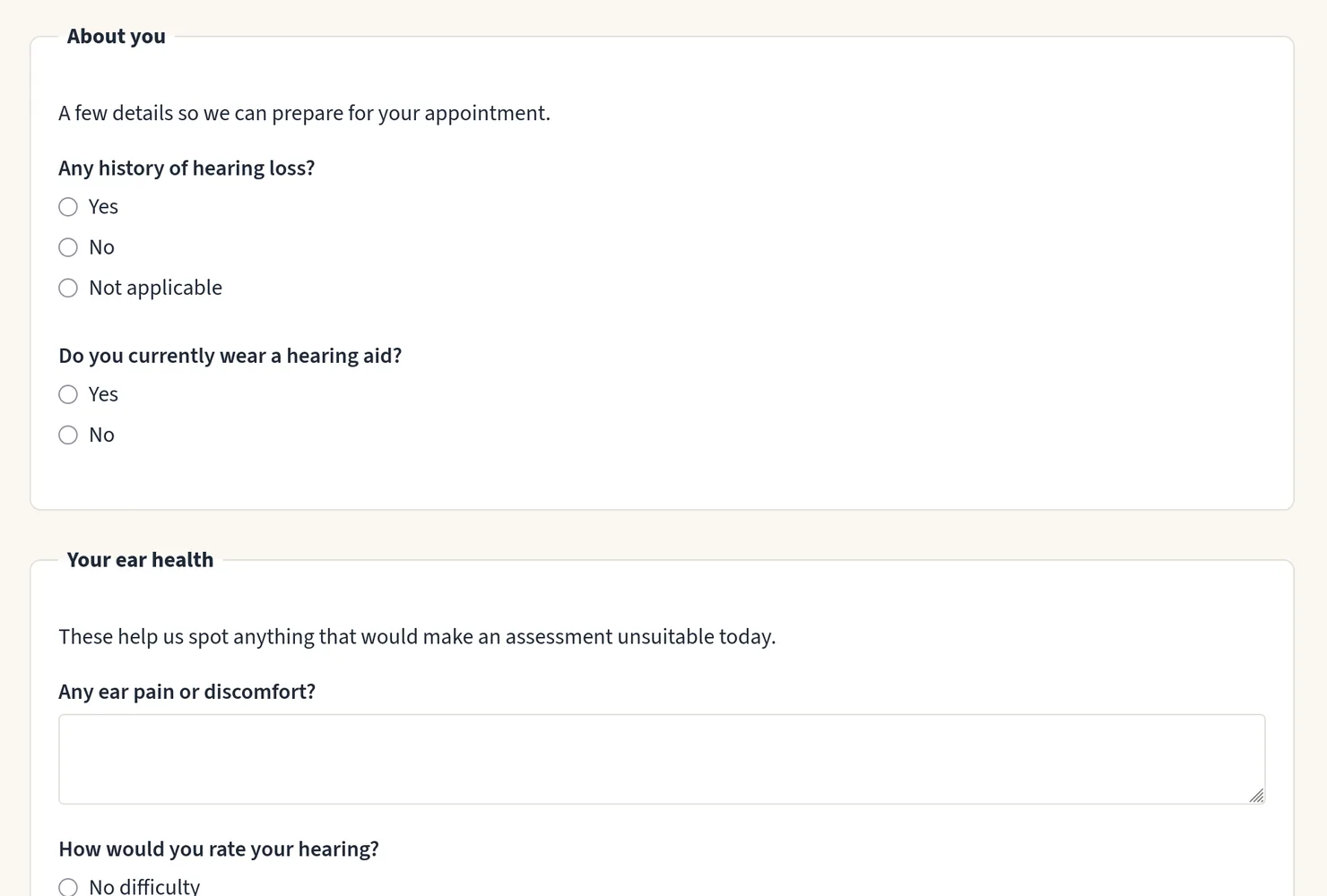 A consent form on a booking page: a section heading with a paragraph beneath it, several questions, and a signature pad.