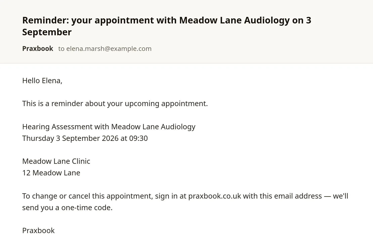 A reminder email as the patient receives it: the appointment's service, date, time and location in plain text, and a line asking them to sign in to make changes.