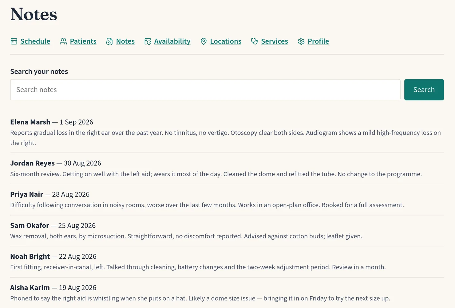 A practitioner's notes page: a search box above a list of notes, each showing the patient's name, the date, and the opening lines of what was written.