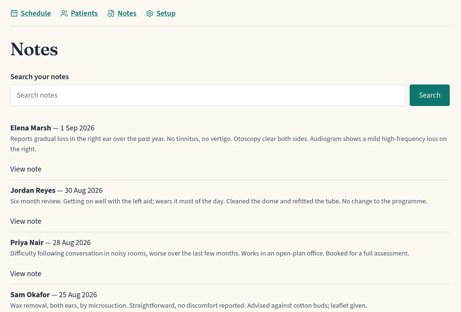 A practitioner's notes page: a search box above a list of notes, each showing the patient's name, the date, and the opening lines of what was written.