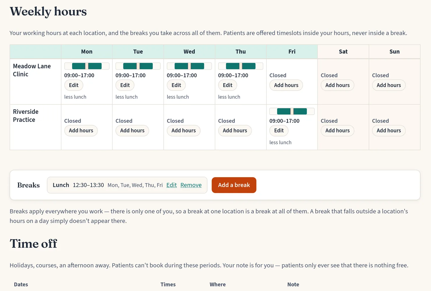 The availability page: opening hours for each weekday, a row of recurring break chips, and a list of dated time off.