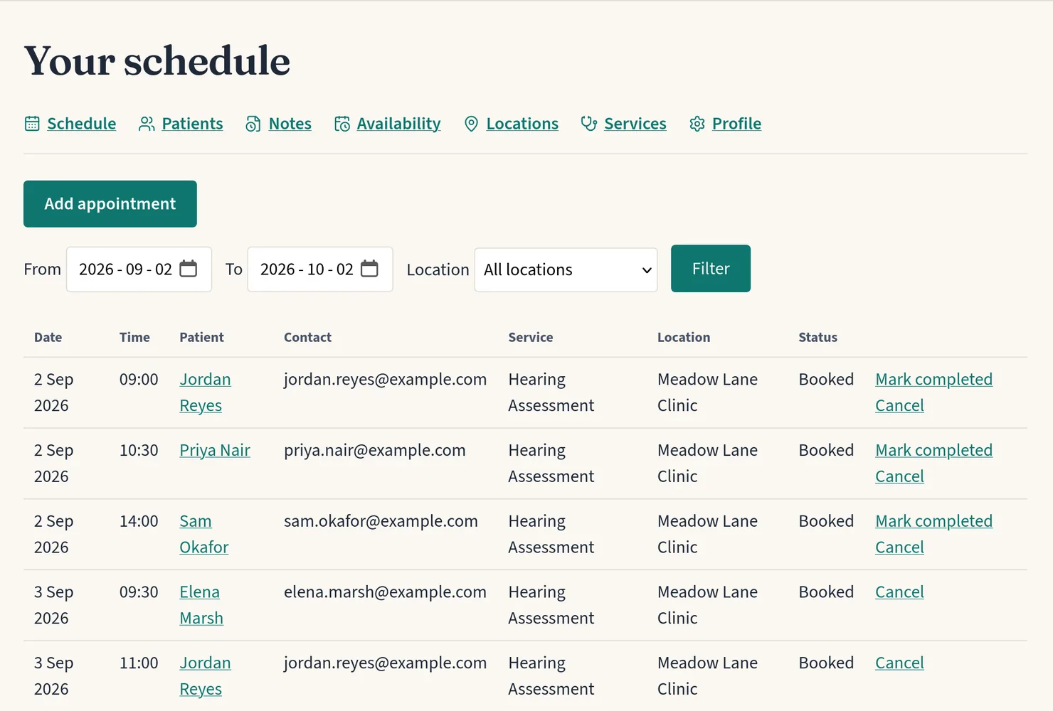 A practitioner's dashboard listing the day's appointments, each with the patient's name, service and location.