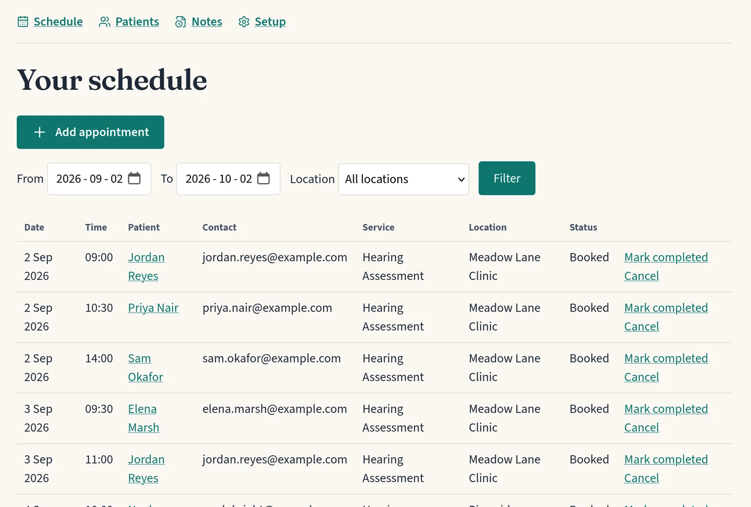 A practitioner's dashboard listing the day's appointments, each with the patient's name, service and location.